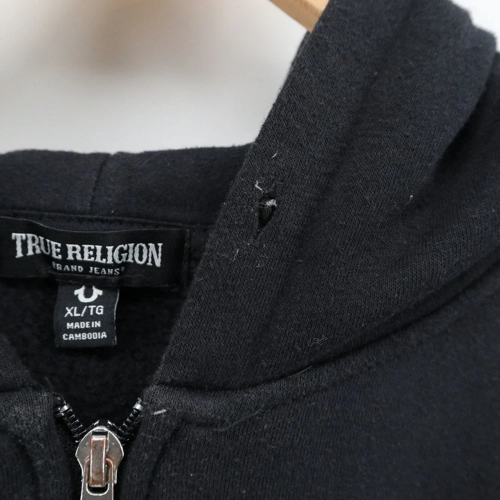 True Religion Hoodie Mens XL Black Gold Foil Logo Zip Up Y2K Streetwear Good